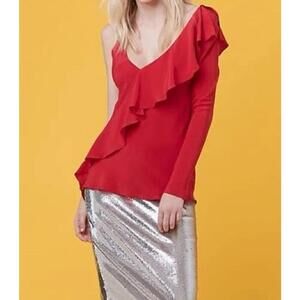 Diane von Furstenberg One Shoulder 100% Silk Ruffle Top Blouse Sz 14 Red Evening